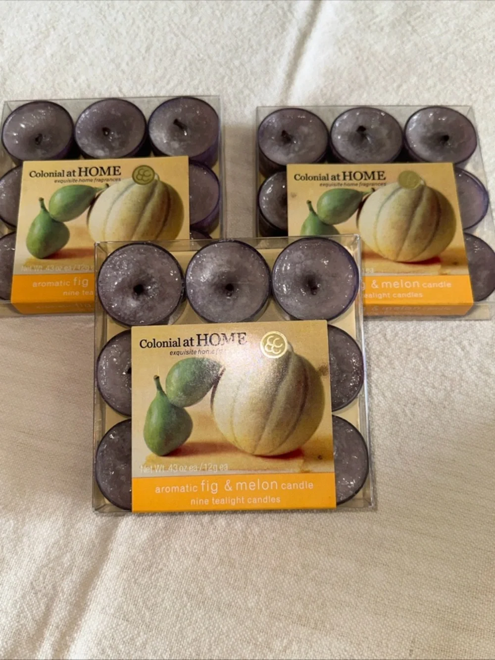 Colonial at home aromatic fig melon tea lite candles set of 3 boxes 9 each box